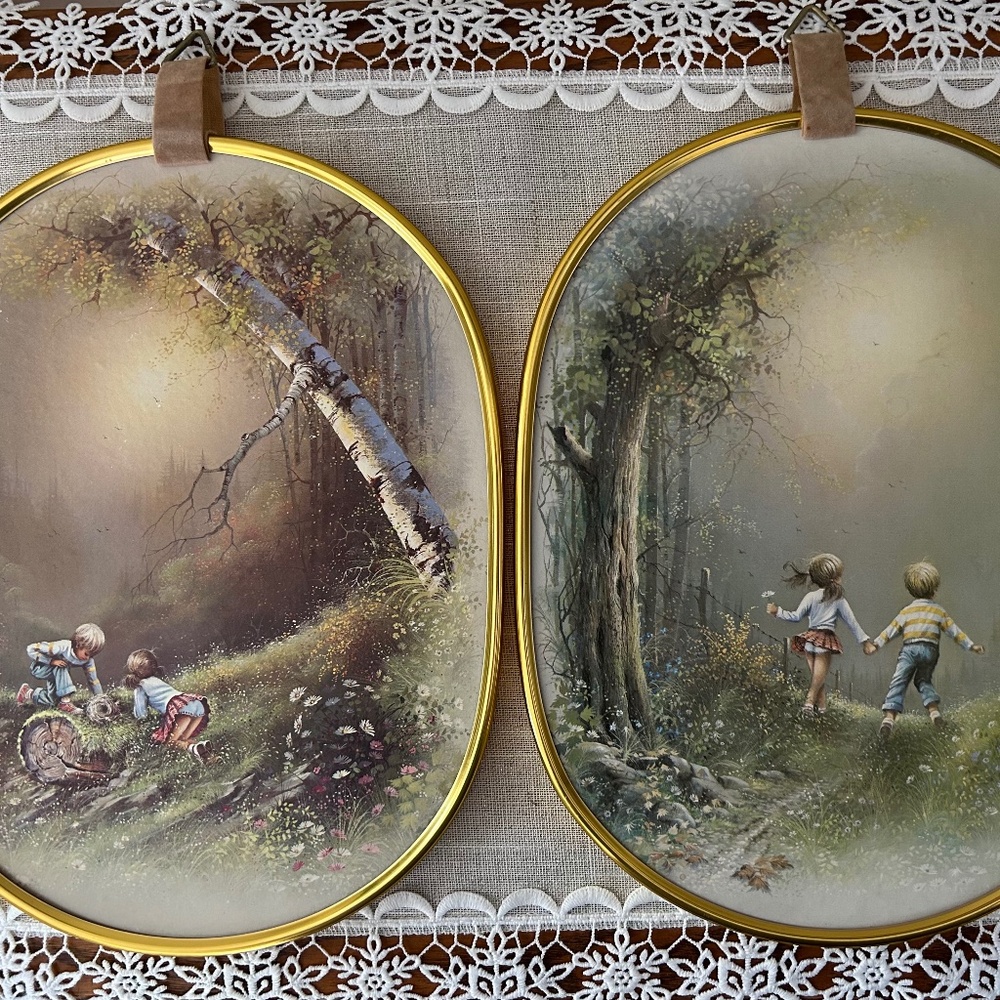 Two Vintage Boy and Girl Pastel Countryside Prints